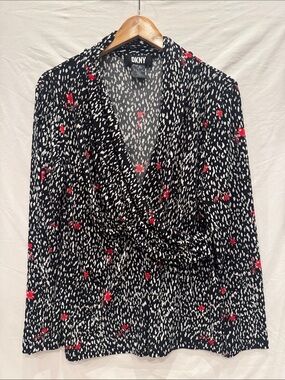 DKNY Black Wrap Blouse with White Speckle and Red Floral Print, XL